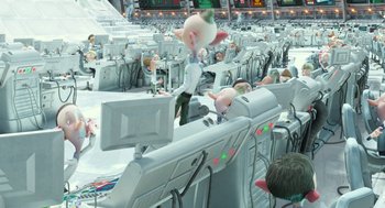 Movie still from “Arthur Christmas” (2011), directed by Barry Cook – A man in a white shirt and a pink pig head; Wide shot, High angle