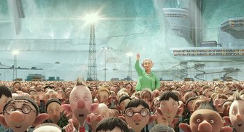 Movie still from “Arthur Christmas” (2011), directed by Barry Cook – An image of a crowd of people that are in the shape of heads; Wide shot, Low angle