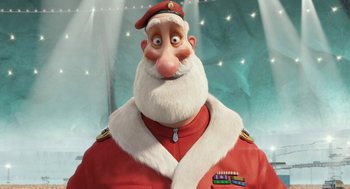 Movie still from “Arthur Christmas” (2011), directed by Barry Cook – An animated picture of a man with a beard and a red jacket; Close Up shot, Low angle