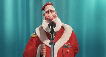 Movie still from “Arthur Christmas” (2011), directed by Barry Cook – An animated man in a red jacket is holding a microphone; Close Up shot, Low angle