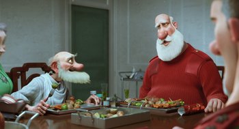 Movie still from “Arthur Christmas” (2011), directed by Barry Cook – Two people sitting at a table with plates of food; Medium shot, Over the shoulder angle