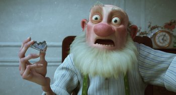 Movie still from “Arthur Christmas” (2011), directed by Barry Cook – An old man with a white beard holding a tooth brush; Close Up shot, Over the shoulder angle