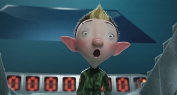 Movie still from “Arthur Christmas” (2011), directed by Barry Cook – A cartoon of a man with a surprised look on his face; Close Up shot, Low angle