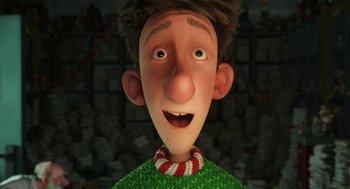 Movie still from “Arthur Christmas” (2011), directed by Barry Cook – A man with a green sweater and a red and white striped collar; Close Up shot, Low angle
