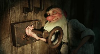 Movie still from “Arthur Christmas” (2011), directed by Barry Cook – An animated character is holding a key to a door; Close Up shot, High angle