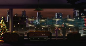 Movie still from “Arthur Christmas” (2011), directed by Barry Cook – A man and a woman standing in front of a city skyline at night; Extreme Wide shot, High angle