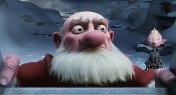 Movie still from “Arthur Christmas” (2011), directed by Barry Cook – An animated character with a white beard and a pink beard; Close Up shot, Low angle