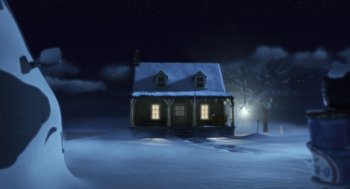 Movie still from “Arthur Christmas” (2011), directed by Barry Cook – A house in the middle of a snowy night; Extreme Wide shot, Low angle