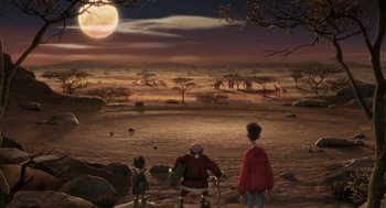 Movie still from “Arthur Christmas” (2011), directed by Barry Cook – Two people standing on a dirt field looking at a full moon; Extreme Wide shot, High angle
