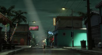 Movie still from “Arthur Christmas” (2011), directed by Barry Cook – A man riding a bike down a street at night; Extreme Wide shot, Low angle