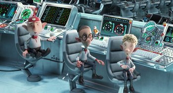 Movie still from “Arthur Christmas” (2011), directed by Barry Cook – A group of people sitting in chairs in front of computer screens; Wide shot, High angle