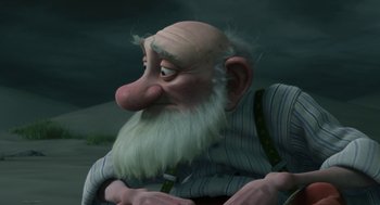 Movie still from “Arthur Christmas” (2011), directed by Barry Cook – An old man with a long white beard; Close Up shot, Low angle