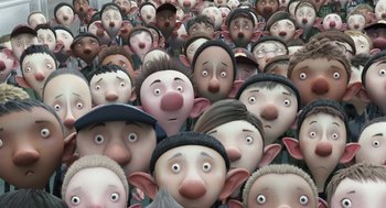 Movie still from “Arthur Christmas” (2011), directed by Barry Cook – A bunch of people that are all wearing hats; Close Up shot, High angle