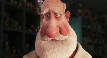 Movie still from “Arthur Christmas” (2011), directed by Barry Cook – An old man with a white beard and a white mustache; Close Up shot, Over the shoulder angle