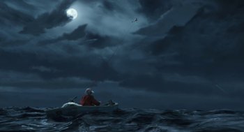 Movie still from “Arthur Christmas” (2011), directed by Barry Cook – A person on a boat flying a kite at night; Extreme Wide shot, High angle