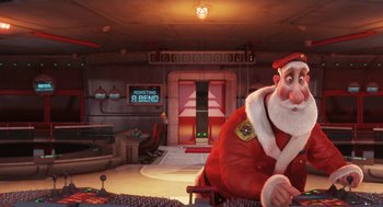 Movie still from “Arthur Christmas” (2011), directed by Barry Cook – An image of an animated santa clause sitting in a room; Medium shot, High angle