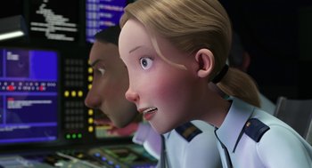 Movie still from “Arthur Christmas” (2011), directed by Barry Cook – Two animated characters are looking at a computer screen; Close Up shot, Low angle