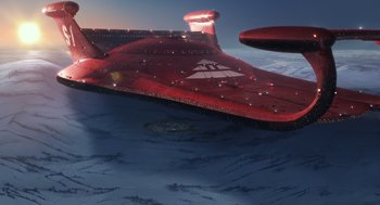 Movie still from “Arthur Christmas” (2011), directed by Barry Cook – An airplane flying in the sky at night; Extreme Wide shot, High angle