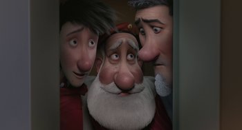Movie still from “Arthur Christmas” (2011), directed by Barry Cook – A group of three men standing next to each other; Close Up shot, High angle