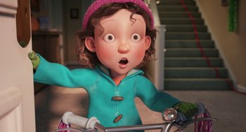 Movie still from “Arthur Christmas” (2011), directed by Barry Cook – A cartoon of a girl riding a bike with a surprised look on her face; Close Up shot, Over the shoulder angle