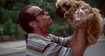 Movie still from “As Good as It Gets” (1997), directed by James L. Brooks – A man holding a small brown dog up to his face; Close Up shot, Low angle