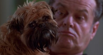Movie still from “As Good as It Gets” (1997), directed by James L. Brooks – A dog's face with a man's face in the background; Close Up shot, Over the shoulder angle