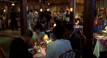 Movie still from “As Good as It Gets” (1997), directed by James L. Brooks – A group of people sitting at a table with food on it; Wide shot, High angle