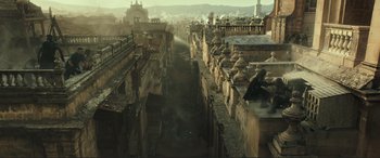 Movie still from “Assassin's Creed” (2016), directed by Justin Kurzel – An aerial view of an old city with a lot of buildings; Extreme Wide shot, High angle