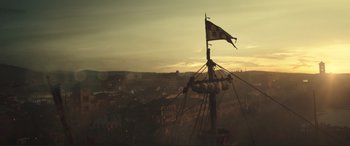 Movie still from “Assassin's Creed” (2016), directed by Justin Kurzel – An image of a pirate ship in the middle of the night; Extreme Wide shot, Low angle