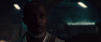 Movie still from “Assassin's Creed” (2016), directed by Justin Kurzel – A person wearing a white shirt; Close Up shot, Over the shoulder angle