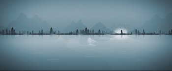 Movie still from “At Eternity's Gate” (2018), directed by Julian Schnabel – A large body of water with mountains in the background; Extreme Wide shot, Low angle