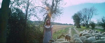 Movie still from “At Eternity's Gate” (2018), directed by Julian Schnabel – A woman standing in front of a herd of sheep; Wide shot, Low angle