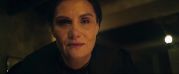 Movie still from “At Eternity's Gate” (2018), directed by Julian Schnabel – A woman's face in a dark room; Close Up shot, Over the shoulder angle