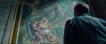 Movie still from “At Eternity's Gate” (2018), directed by Julian Schnabel – A painting of two men fighting in a forest; Medium shot, Over the shoulder angle