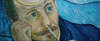 Movie still from “At Eternity's Gate” (2018), directed by Julian Schnabel – A painting of a man with a mustache; Extreme Close Up shot, Overhead angle