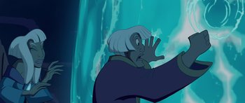 Movie still from “Atlantis: The Lost Empire” (2001), directed by Gary Trousdale – An old man with white hair is holding his hand up to his face; Close Up shot, Low angle