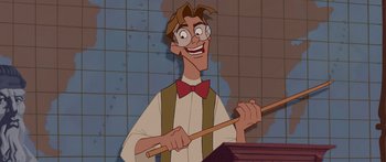 Movie still from “Atlantis: The Lost Empire” (2001), directed by Gary Trousdale – A cartoon of a man holding a wooden stick; Medium shot, Low angle