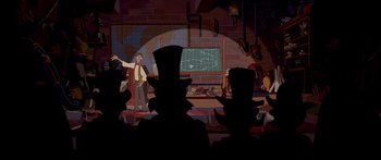 Movie still from “Atlantis: The Lost Empire” (2001), directed by Gary Trousdale – An animated scene of people in a room; Wide shot, High angle
