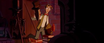 Movie still from “Atlantis: The Lost Empire” (2001), directed by Gary Trousdale – A man with a hat and glasses standing next to a pile of books; Medium shot, Low angle
