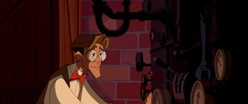 Movie still from “Atlantis: The Lost Empire” (2001), directed by Gary Trousdale – An animated man with a red bow tie and glasses; Medium shot, Over the shoulder angle