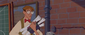 Movie still from “Atlantis: The Lost Empire” (2001), directed by Gary Trousdale – A man holding a bunch of paper in his hands; Medium shot, Low angle