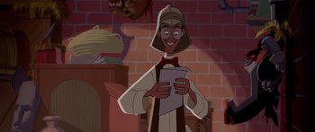 Movie still from “Atlantis: The Lost Empire” (2001), directed by Gary Trousdale – A man wearing a hat is holding a paper in his hands; Medium shot, Over the shoulder angle