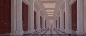 Movie still from “Atlantis: The Lost Empire” (2001), directed by Gary Trousdale – An illustration of a hallway with columns and a checkered floor; Extreme Wide shot, High angle