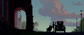 Movie still from “Atlantis: The Lost Empire” (2001), directed by Gary Trousdale – An illustration of a soldier with a gun and an armored vehicle; Extreme Wide shot, Low angle