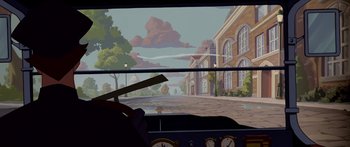 Movie still from “Atlantis: The Lost Empire” (2001), directed by Gary Trousdale – A view from inside a car of a street scene; Wide shot, Over the shoulder angle