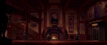 Movie still from “Atlantis: The Lost Empire” (2001), directed by Gary Trousdale – A man walking in front of a fire place; Extreme Wide shot, Low angle