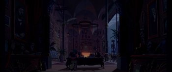 Movie still from “Atlantis: The Lost Empire” (2001), directed by Gary Trousdale – An animated picture of a room with a lot of furniture; Extreme Wide shot, Low angle