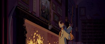Movie still from “Atlantis: The Lost Empire” (2001), directed by Gary Trousdale – A painting of a man holding a sword in front of a fireplace; Wide shot, Over the shoulder angle