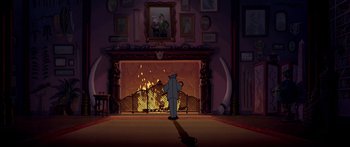 Movie still from “Atlantis: The Lost Empire” (2001), directed by Gary Trousdale – A fireplace with a man standing in front of it; Extreme Wide shot, Over the shoulder angle