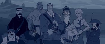 Movie still from “Atlantis: The Lost Empire” (2001), directed by Gary Trousdale – A group of people standing next to each other; Medium shot, Low angle